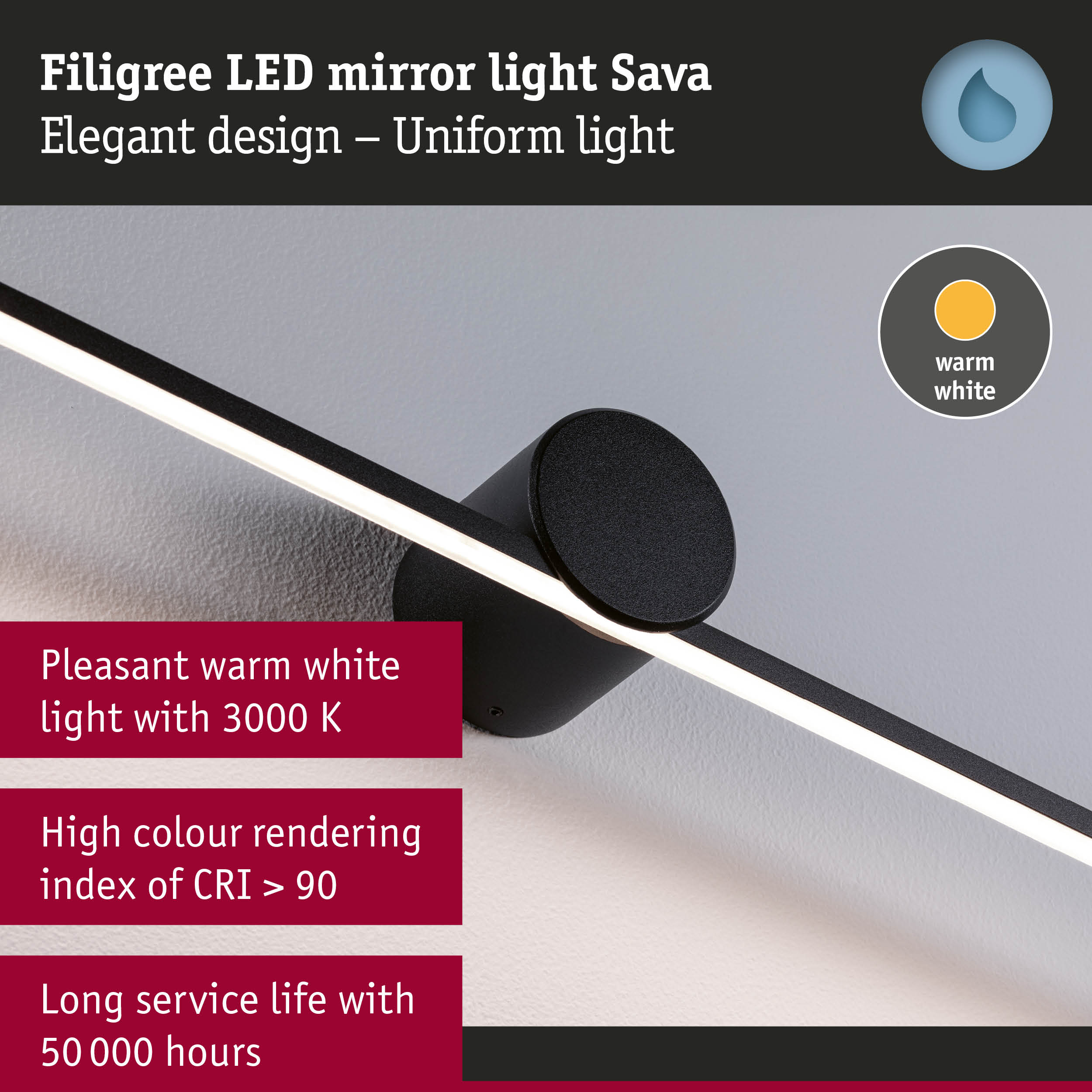 Black LED mirror light Sava with warm white light and long service life for bathroom lighting