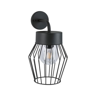 Black metal wall lamp with wire cage and visible bulb for modern indoor lighting design