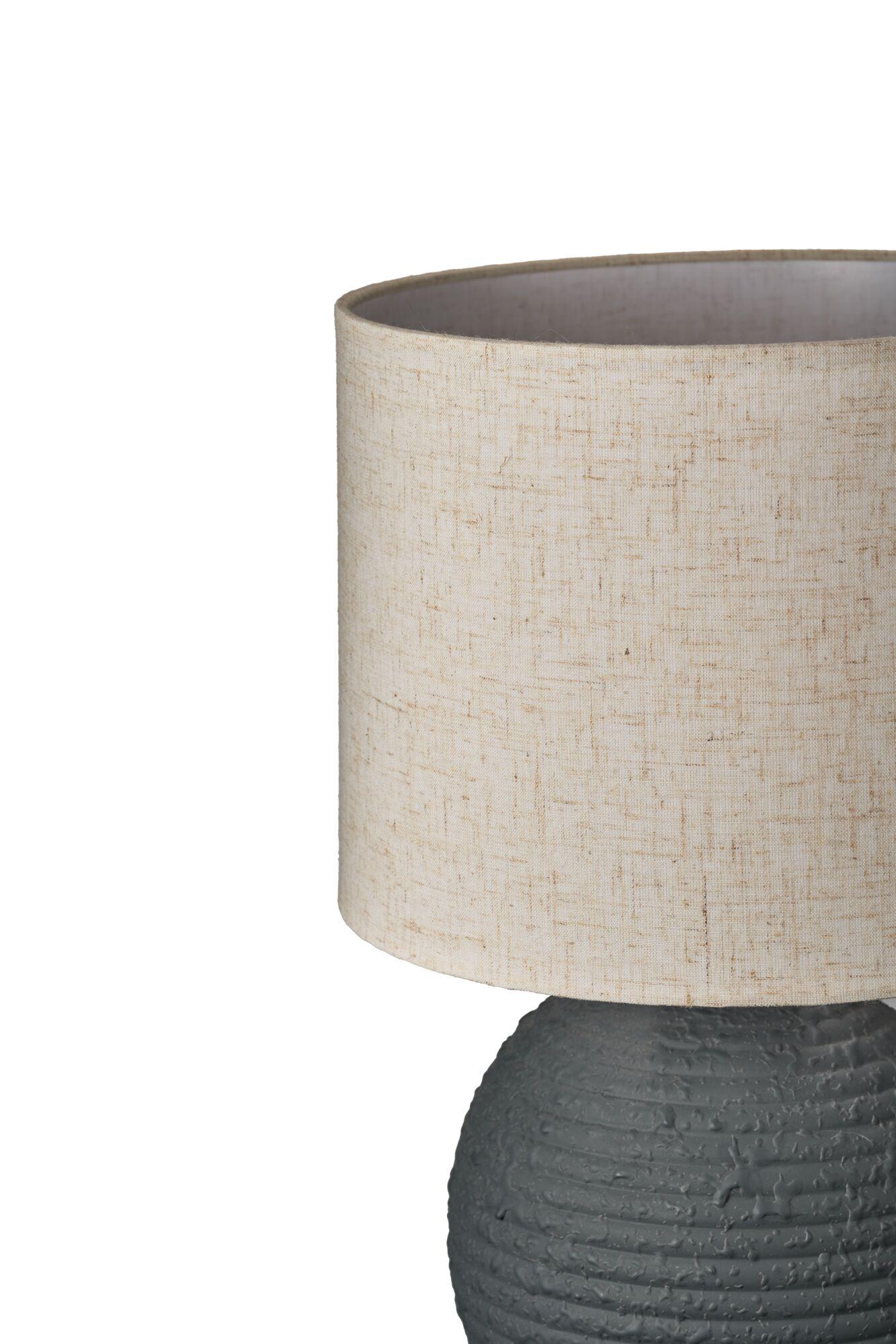 Table lamp with beige fabric shade and dark grey textured ceramic base for home lighting