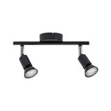 Black metal LED ceiling light with two adjustable spotlights for modern room lighting
