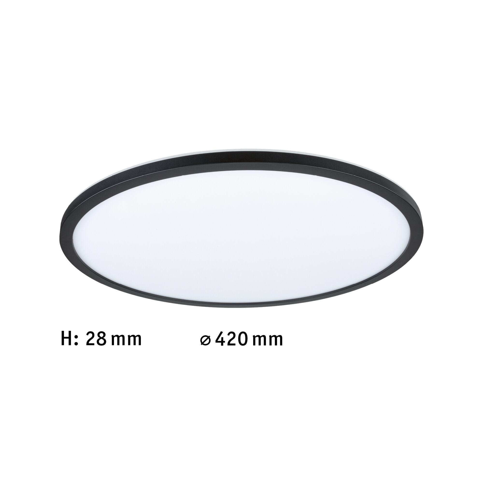 Flat round LED ceiling light with black frame and white diffuser, 420 mm diameter