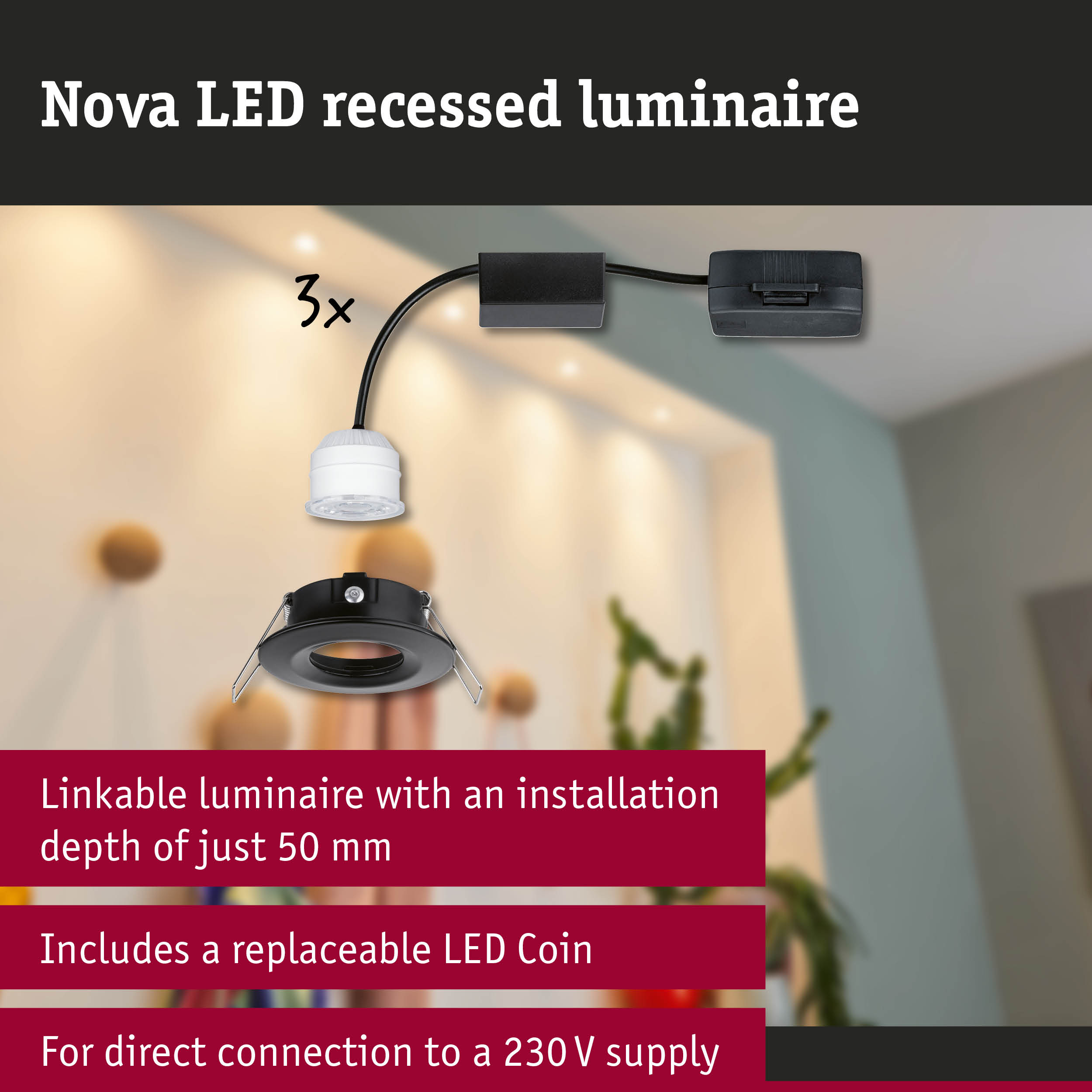 Nova LED recessed spotlight in black with white LED module, shallow installation depth, replaceable LED Coin