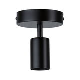 Zwarte metalen plafondlamp met cilindervormige spot voor moderne binnenverlichting.