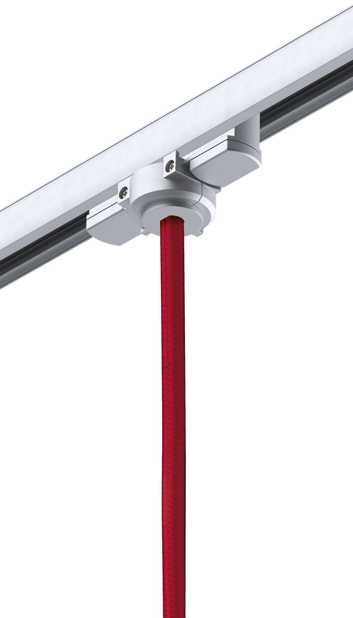 White aluminum track connector with red textile cable for flexible LED track lighting systems