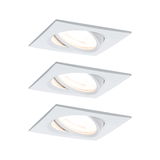 Three white square metal recessed spotlights with adjustable heads for versatile home lighting