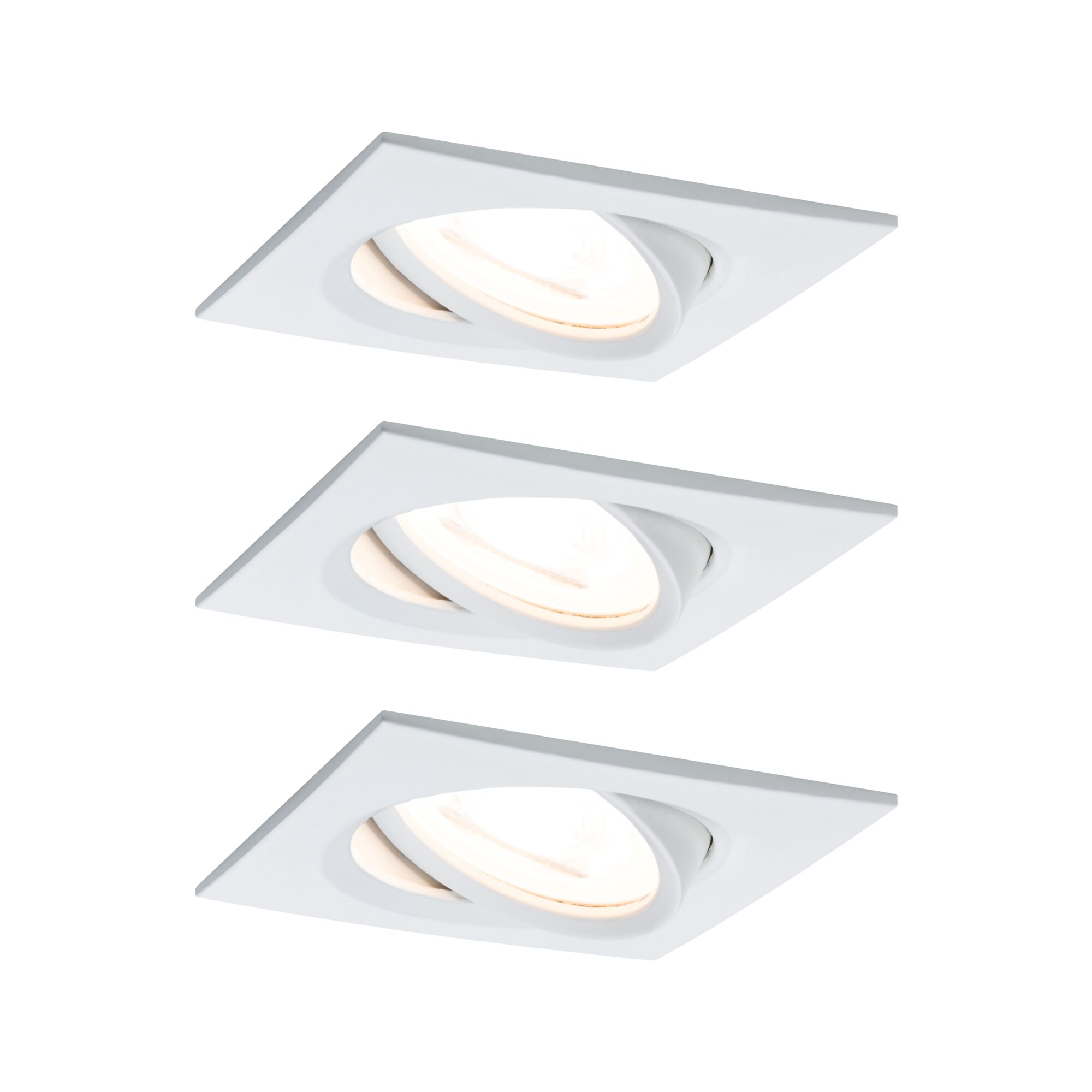Three white square metal recessed spotlights with adjustable heads for versatile home lighting