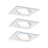 Three white square metal recessed spotlights with adjustable heads for versatile home lighting