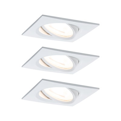 Three white square metal recessed spotlights with adjustable heads for versatile home lighting
