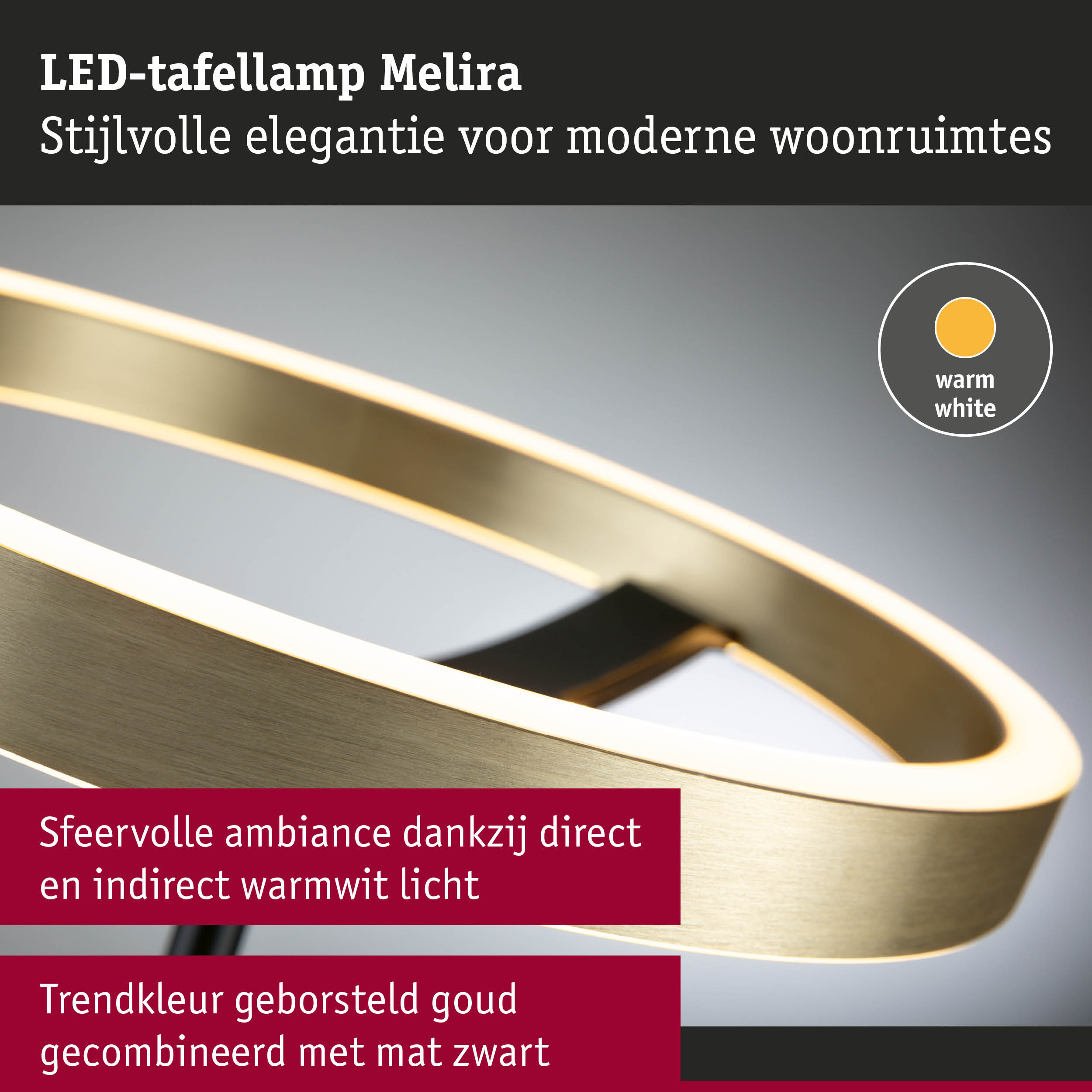 LED-tafellamp Melira in geborsteld goud met matzwarte accenten en warm wit licht