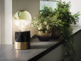 Modern table lamp with black marble and brass base beside green plants on windowsill