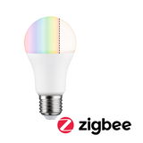 Weiße LED-Lampe mit E27-Fassung zeigt Farbwechsel und warmweißes Licht für Zigbee Smart Home Beleuchtung