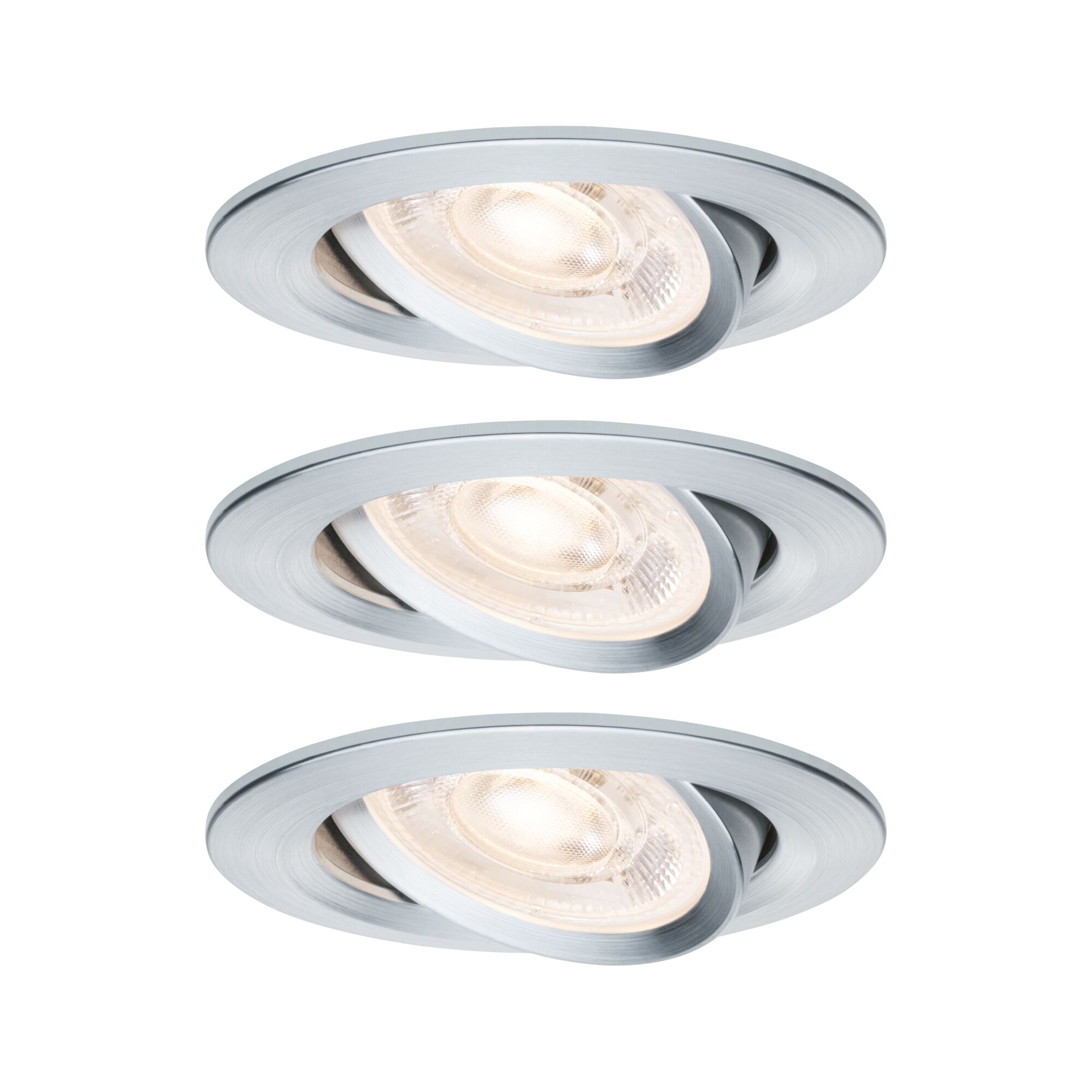 Drie ronde inbouwspots van geborsteld zilverkleurig aluminium met warm wit licht