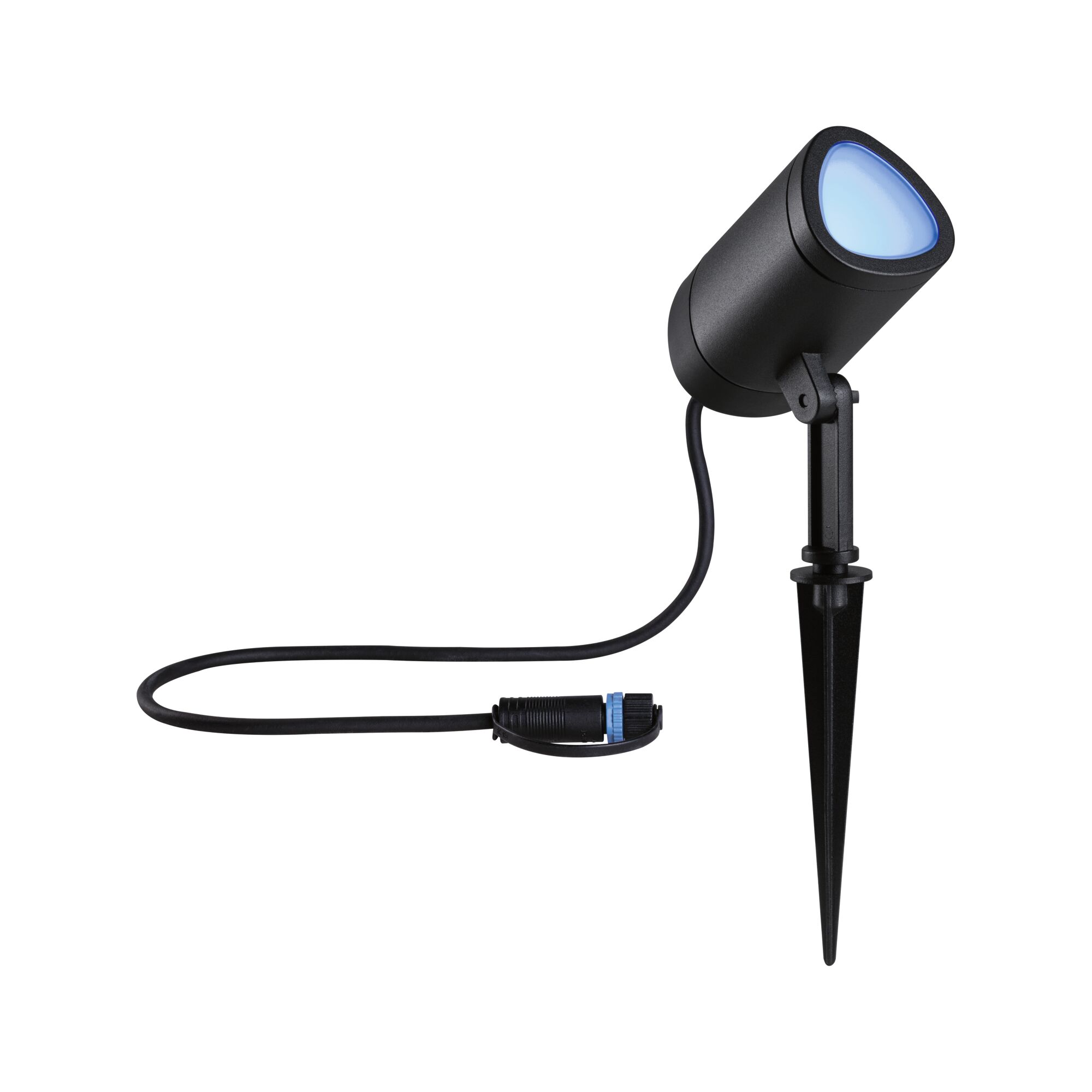Black LED garden spotlight with ground spike and blue light, weatherproof outdoor lighting