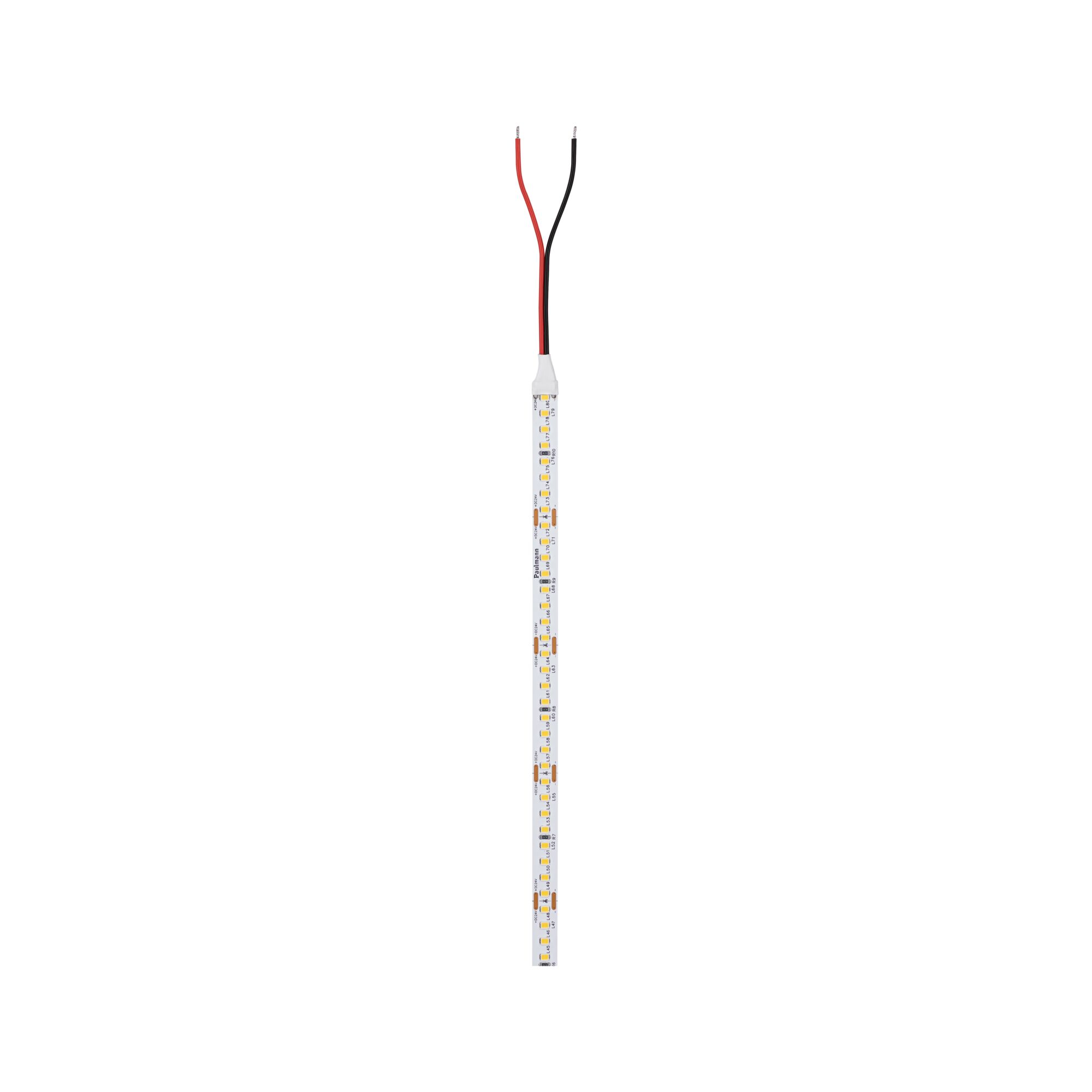 LED strip light with white LEDs and red and black wires for flexible lighting solutions