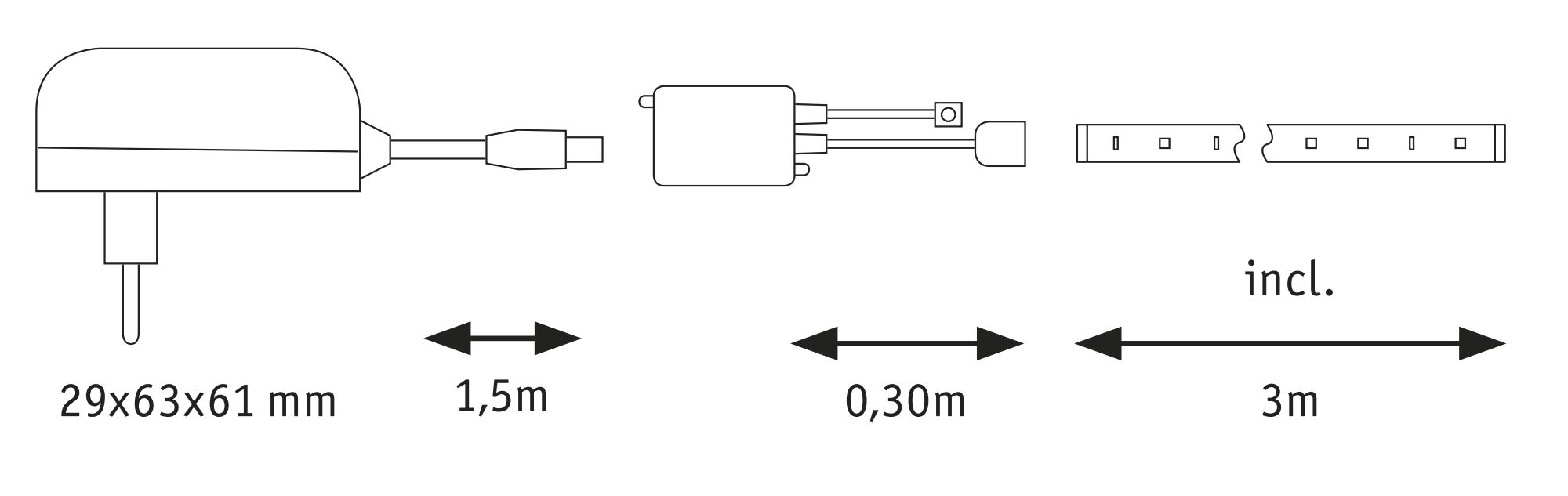Technische Zeichnung eines Kabels mit Stecker, 1,5 m Länge und 3 m Verlängerungskabel.