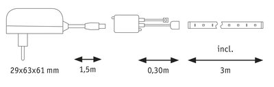 Technische Zeichnung eines Kabels mit Stecker, 1,5 m Länge und 3 m Verlängerungskabel.