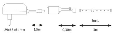 Technische Zeichnung eines Kabels mit Stecker, 1,5 m Länge und 3 m Verlängerungskabel.