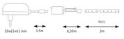 Technical drawing of a cable with plug, 1.5 m length and 3 m extension cable included.