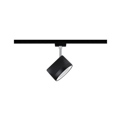 Black metal LED spotlight on track system for modern indoor lighting and accent illumination