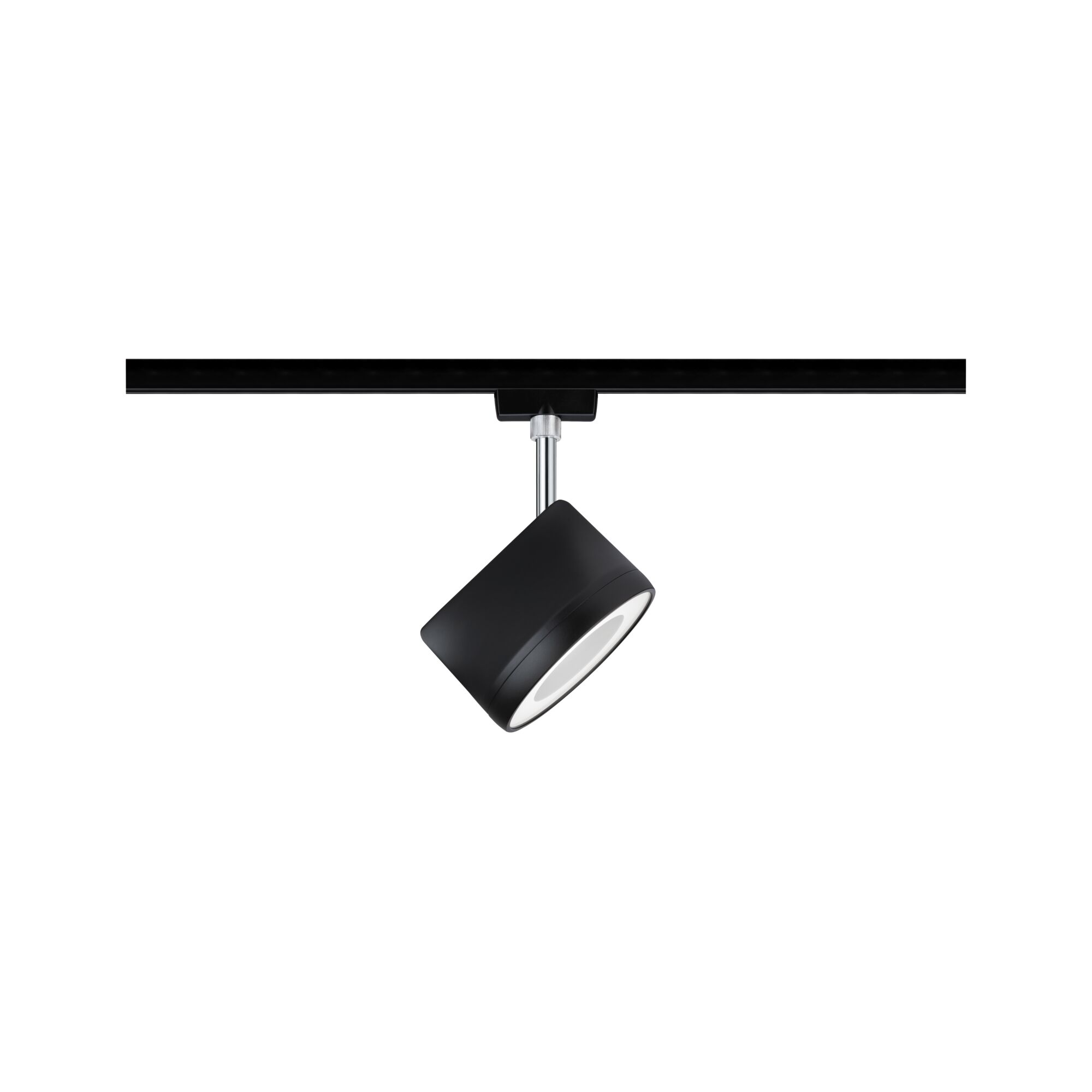 Black metal LED spotlight on track system for modern indoor lighting and accent illumination