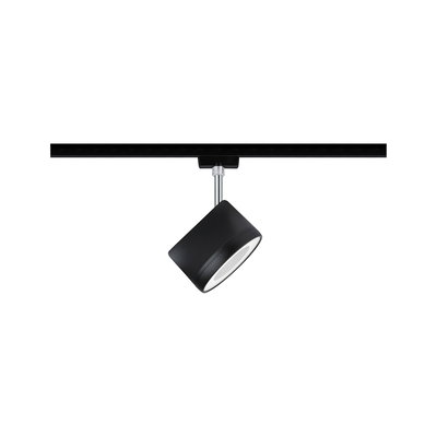 Black metal LED spotlight on track system for modern indoor lighting and accent illumination