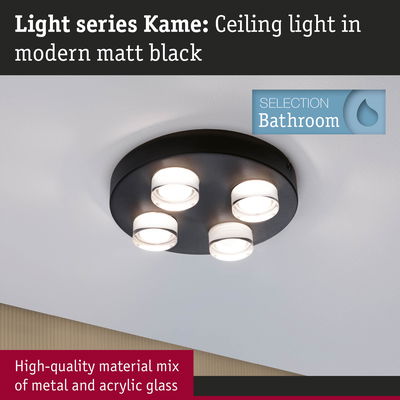 Kame ceiling light in matt black metal and acrylic glass, modern bathroom lighting fixture