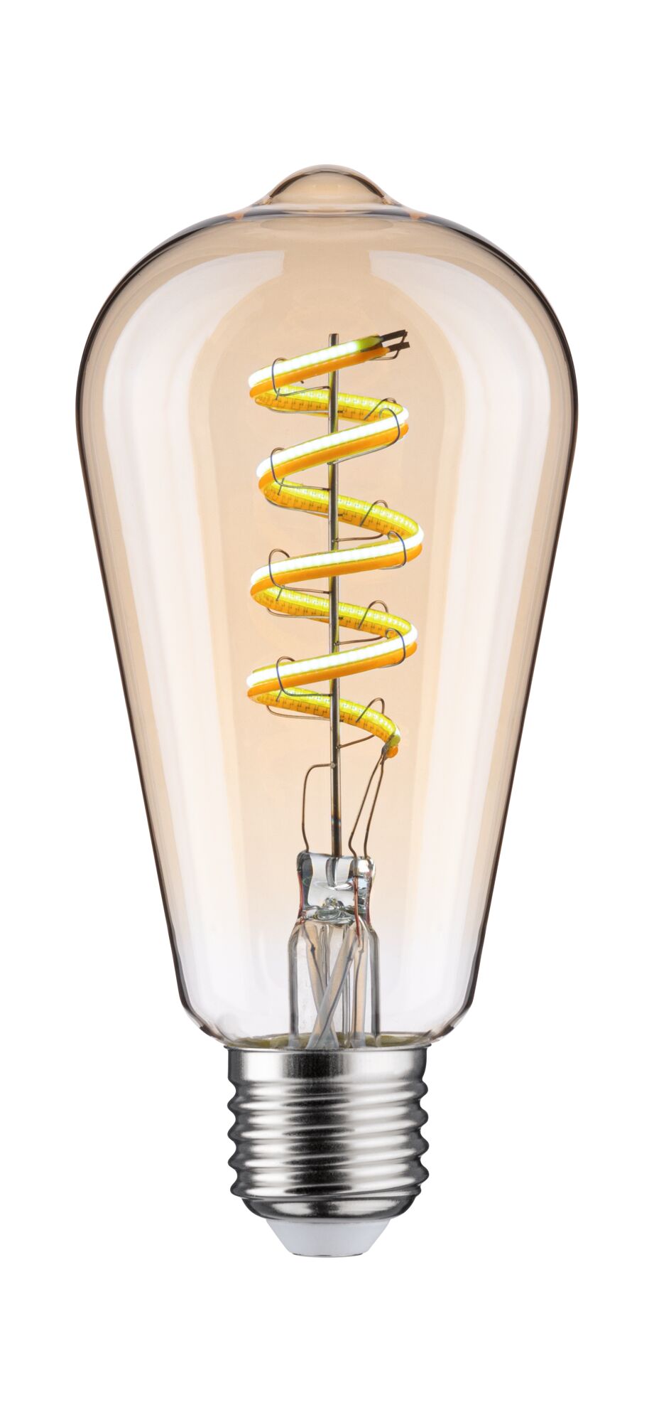 Vintage LED bulb with amber spiral filament and E27 base for decorative lighting and warm ambiance