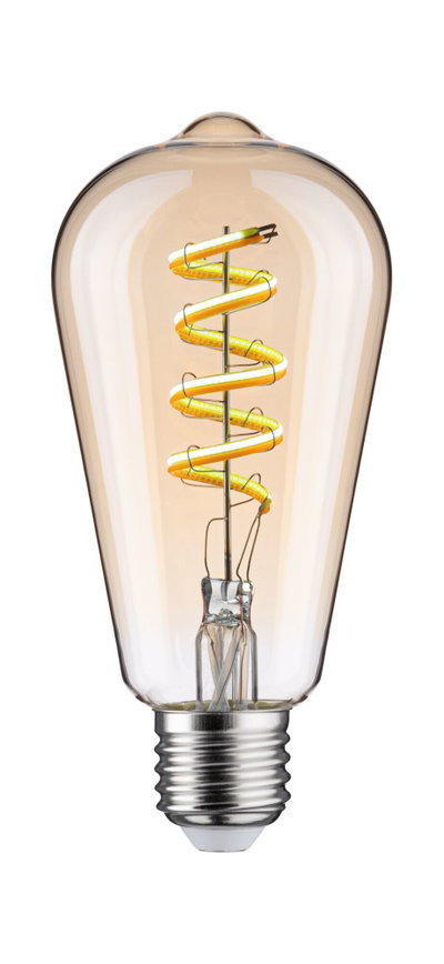 Vintage LED bulb with amber spiral filament and E27 base for decorative lighting and warm ambiance