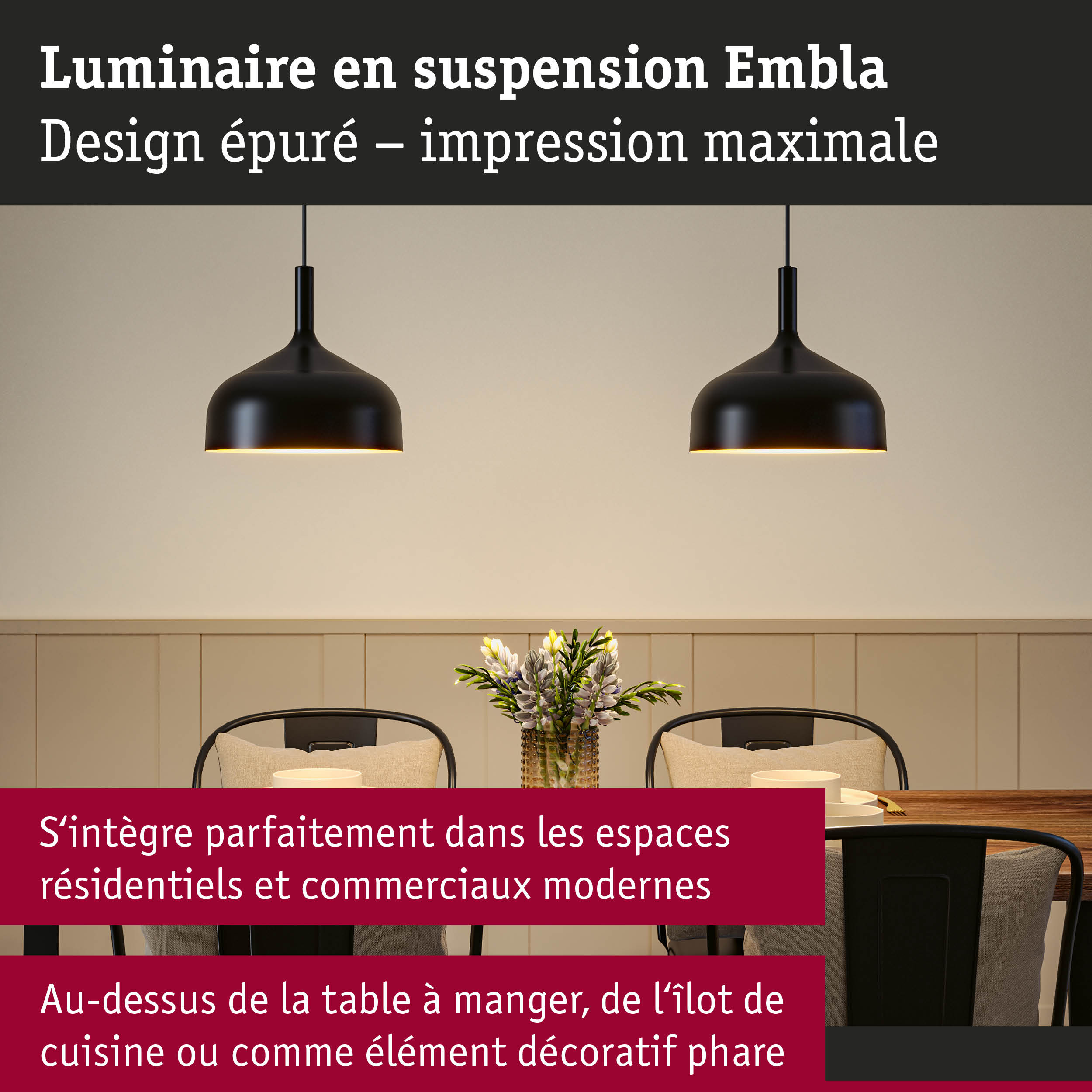 Luminaires suspendus Embla noirs en métal au design épuré au-dessus d'une table à manger dans un espace moderne