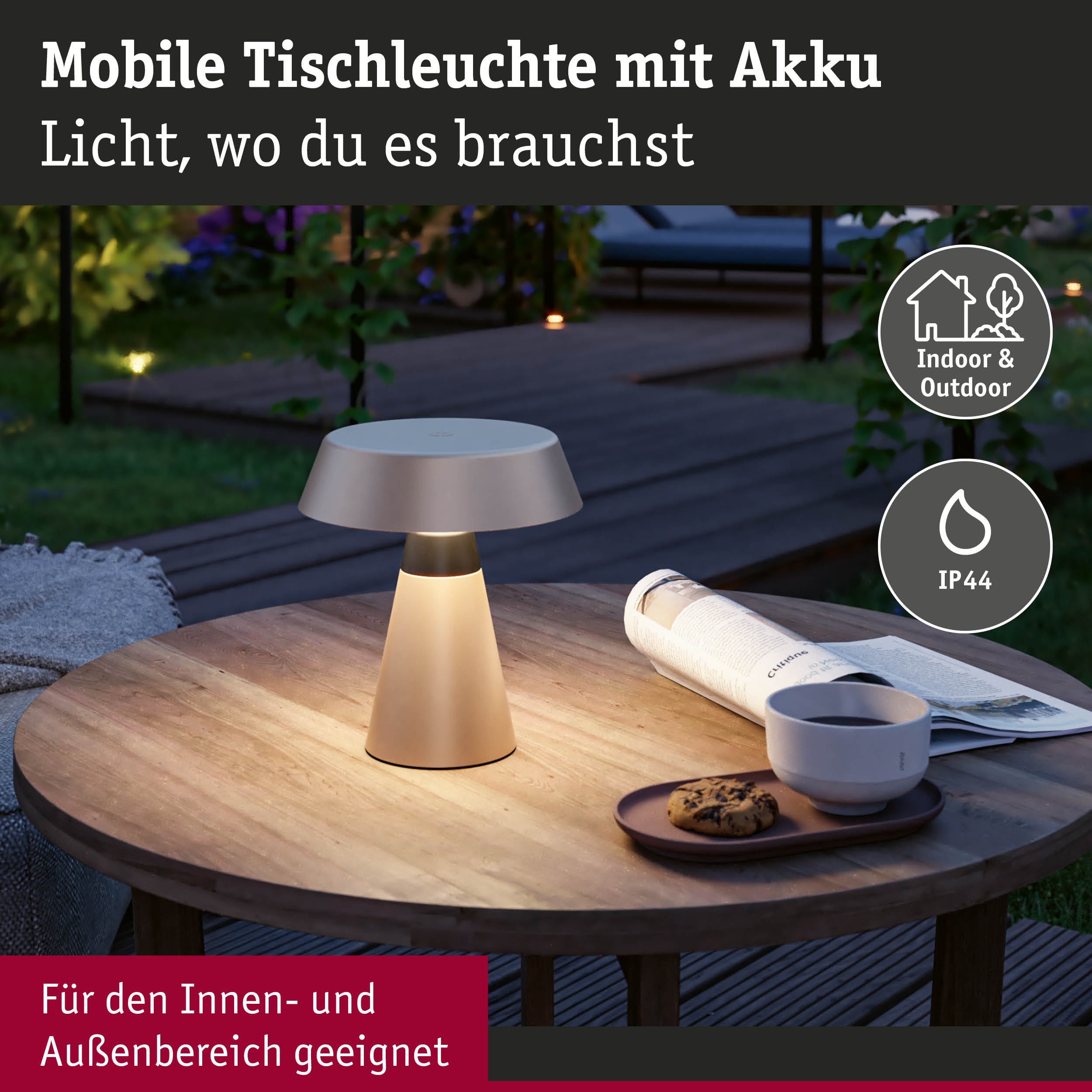 Mobile Tischleuchte aus Metall in Beige mit Akku, geeignet für Innen- und Außenbereich, IP44 Schutz