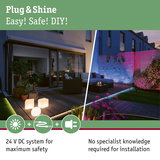 Plug & Shine LED outdoor lighting system with safe 24V DC and easy DIY installation for garden use