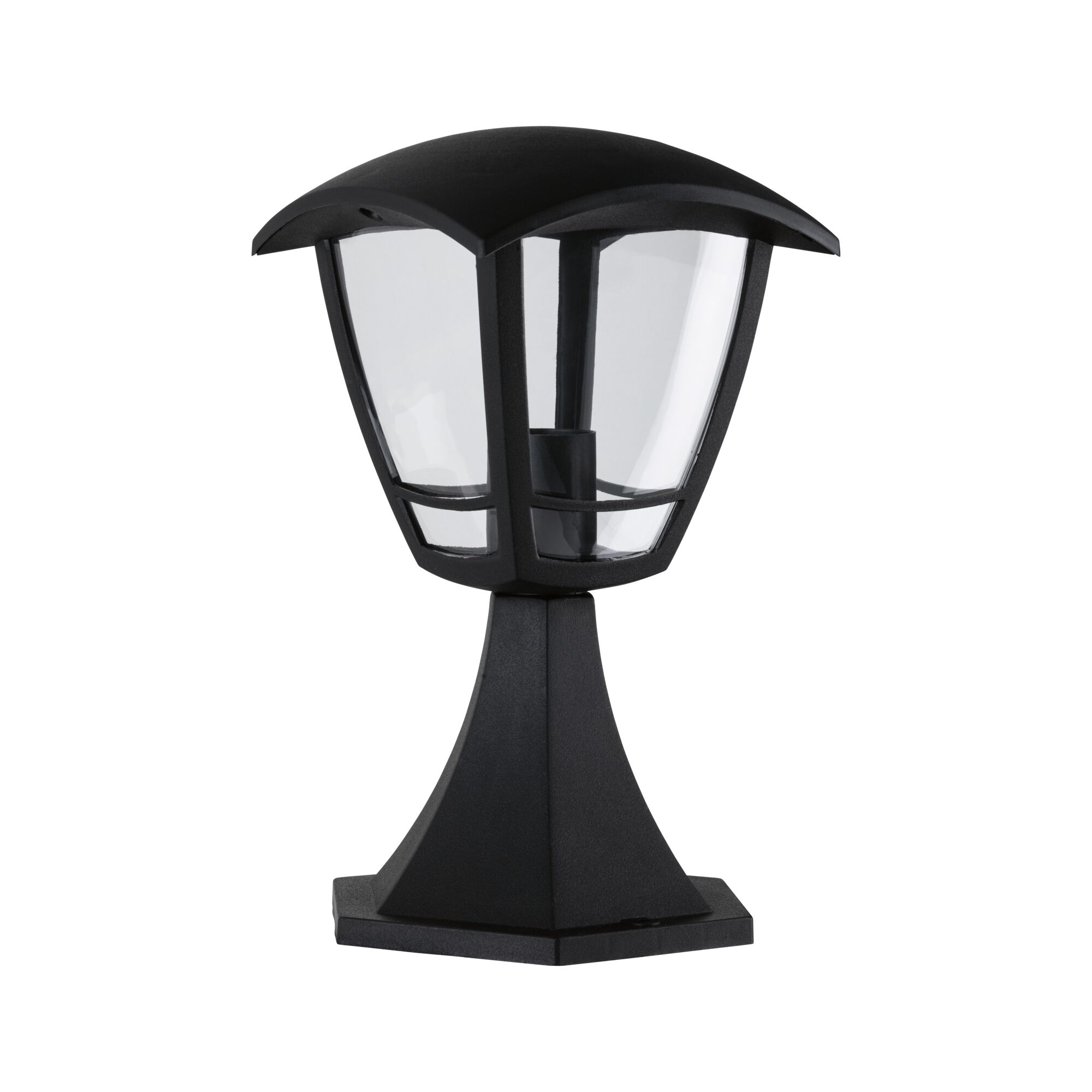 Zwarte buitenlamp van kunststof met helder glas voor tuin en terras, weerbestendig en stevig