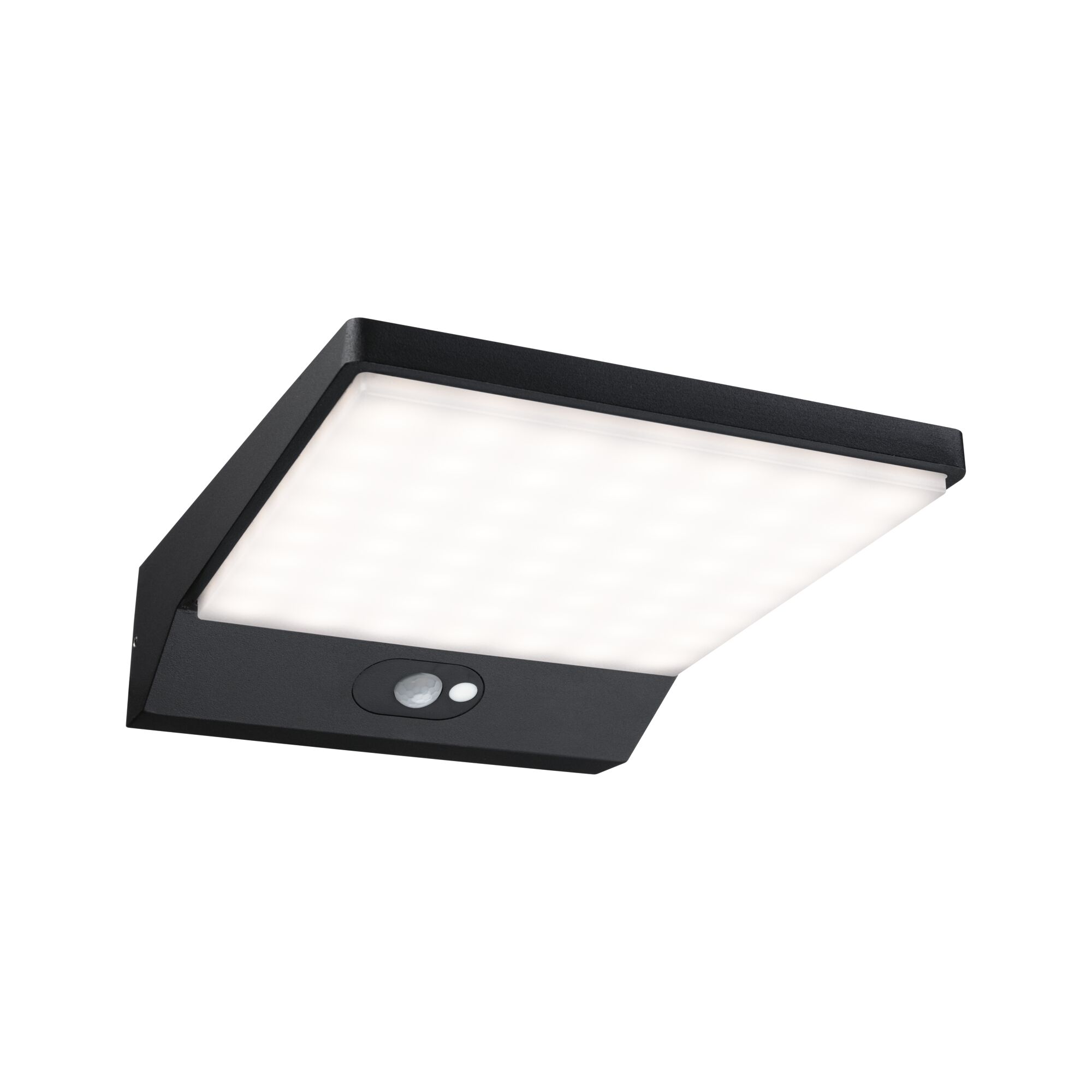 Schwarze LED-Wandleuchte mit Bewegungsmelder und weißem Diffusor für Außenbeleuchtung