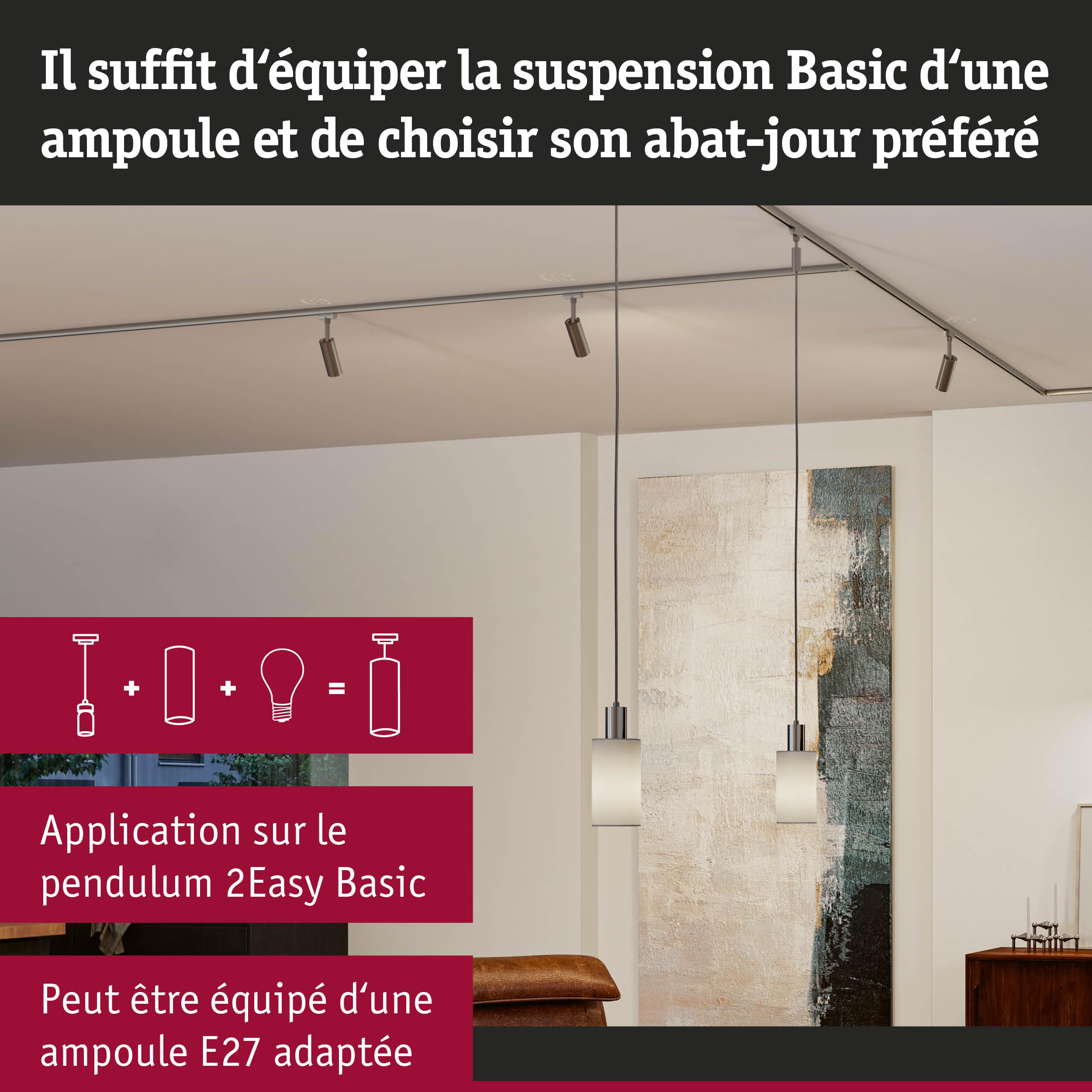 Suspension Basic moderne avec abat-jour en verre blanc et support métal, compatible ampoules E27 pour éclairage intérieur