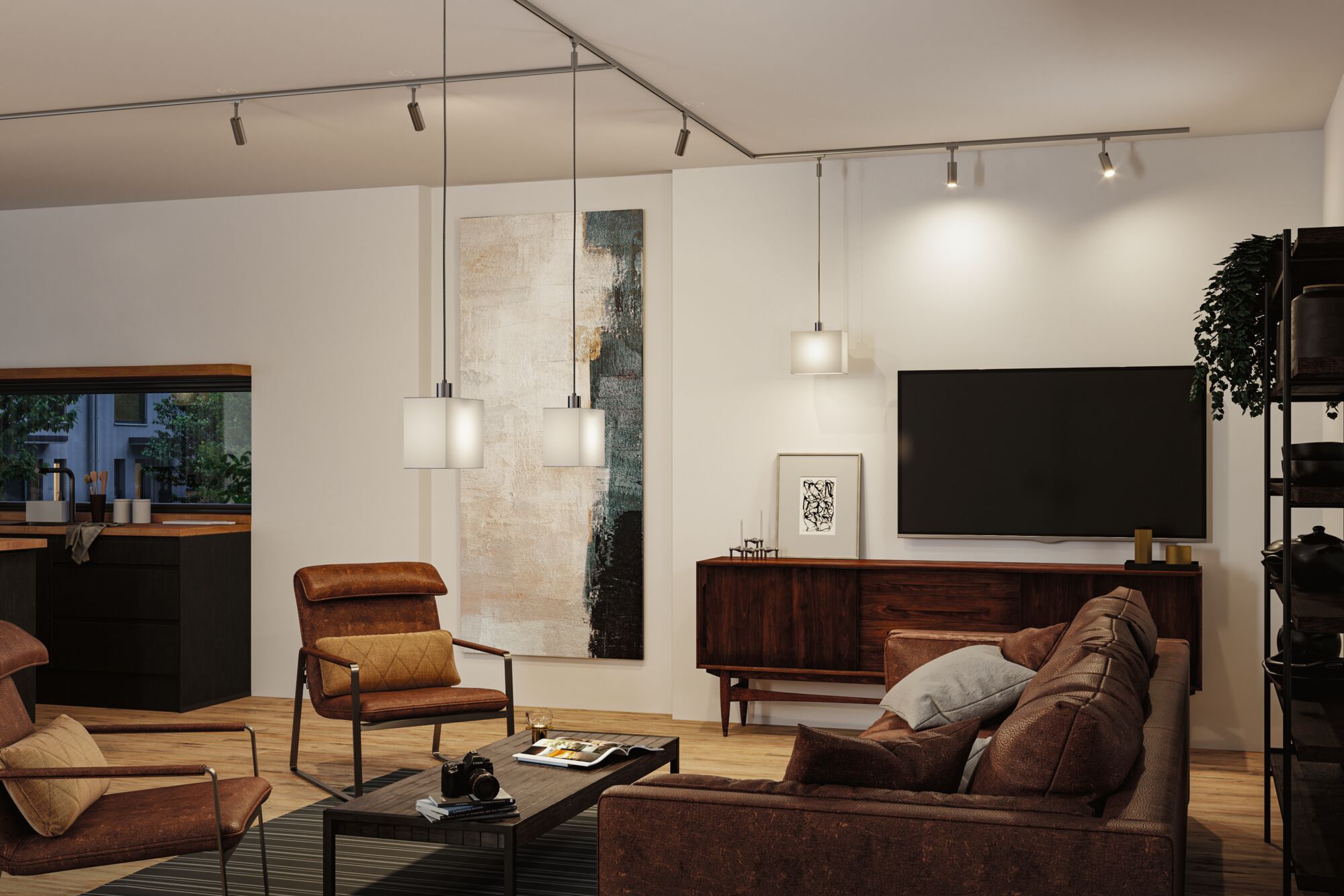 Modern living room with brown leather furniture and white Paulmann pendant lights for warm ambient lighting