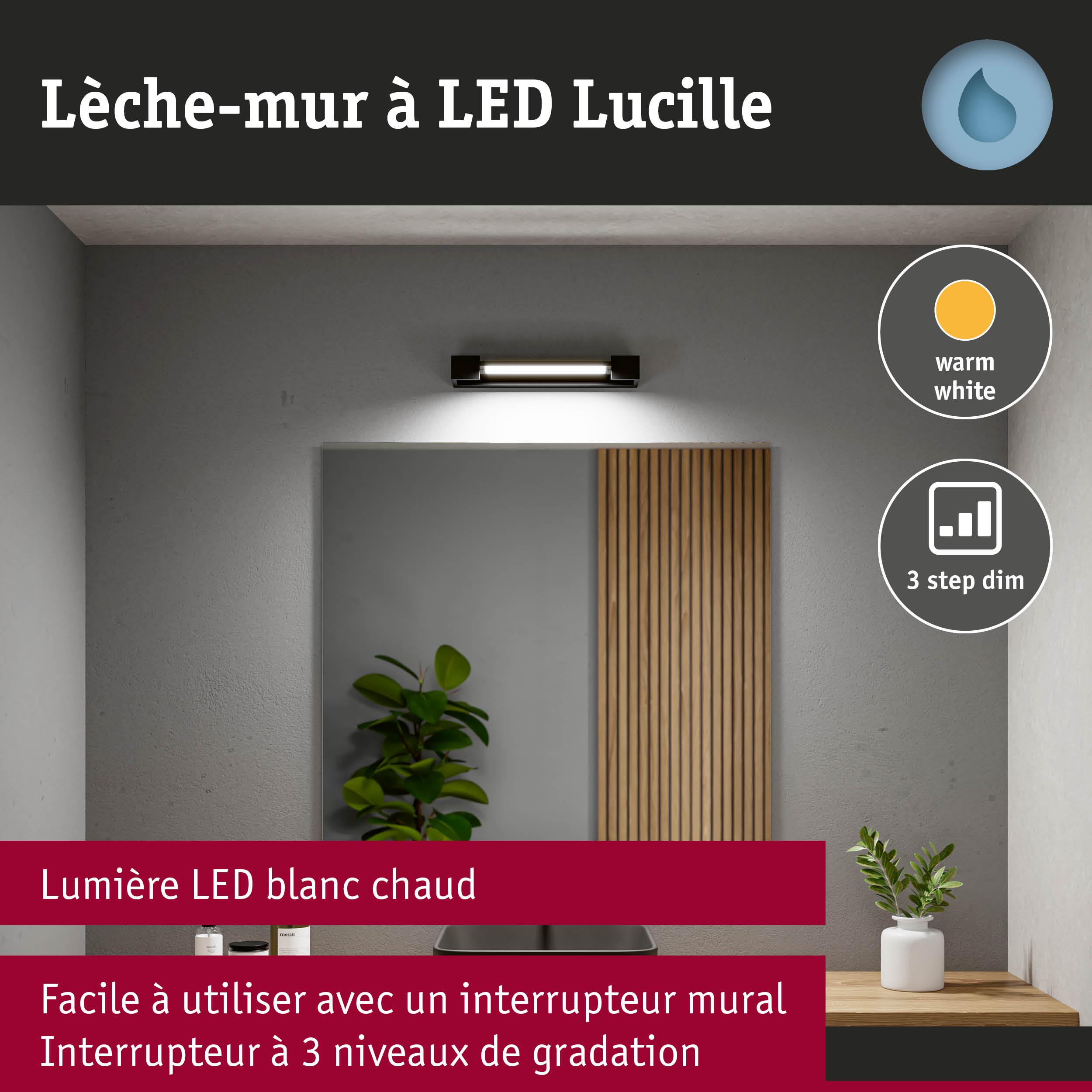 Applique murale LED noire Lucille avec lumière blanc chaud et variateur 3 niveaux pour intérieur