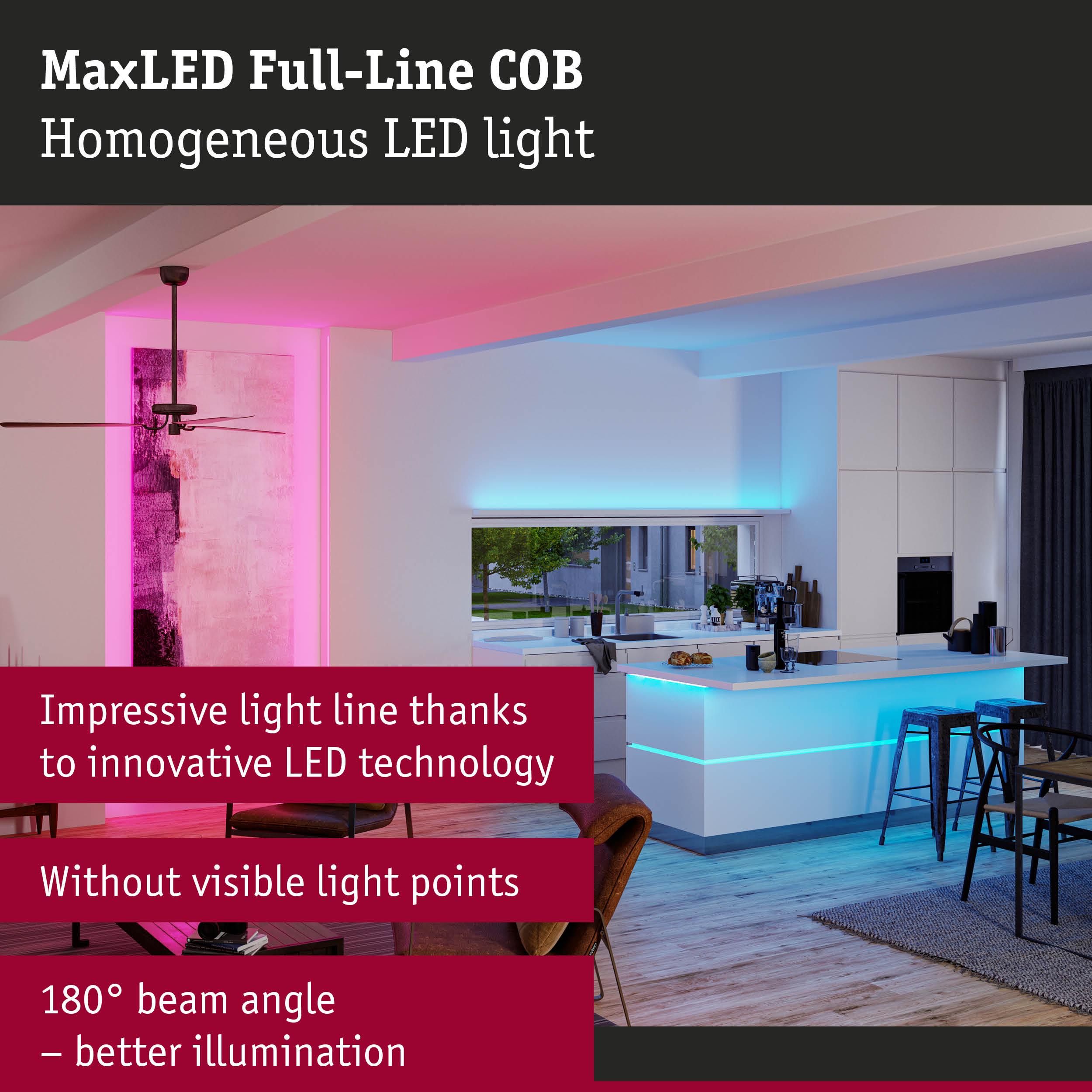 Modern kitchen illuminated by MaxLED Full-Line COB LED light strips in blue and pink with uniform lighting effect