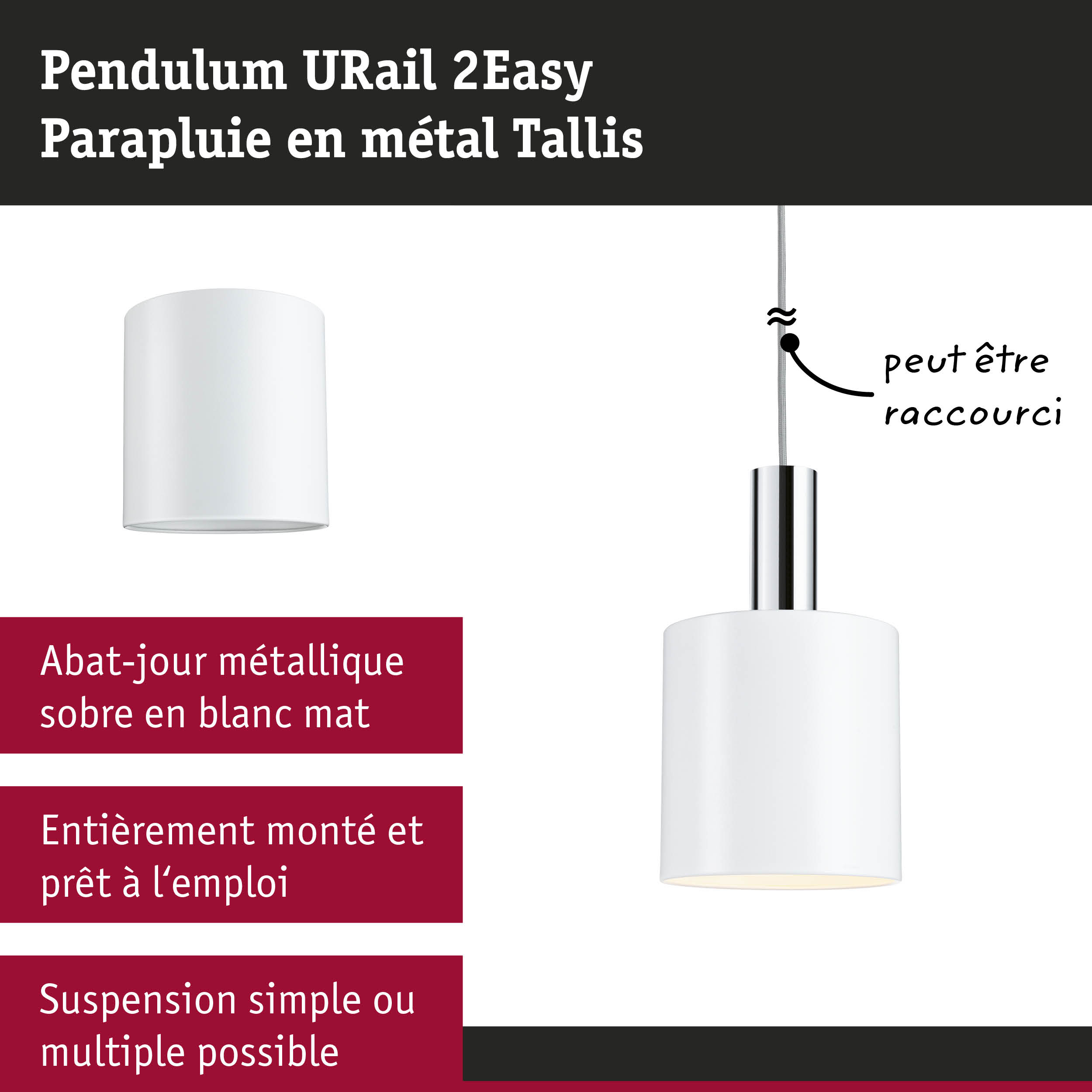 Suspension URail 2Easy avec abat-jour métallique blanc mat et câble réglable pour éclairage intérieur moderne