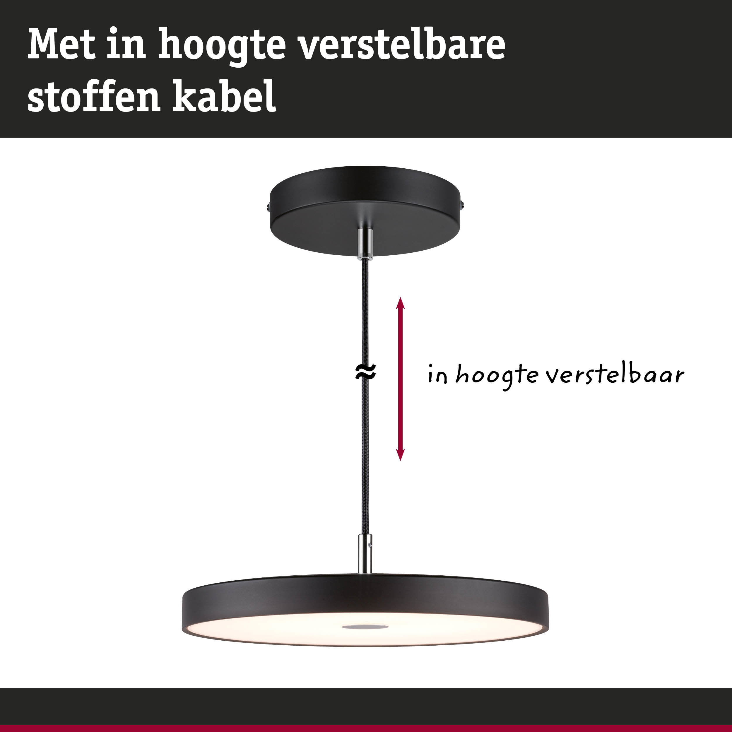 Zwarte LED-hanglamp met in hoogte verstelbare stoffen kabel voor moderne verlichting