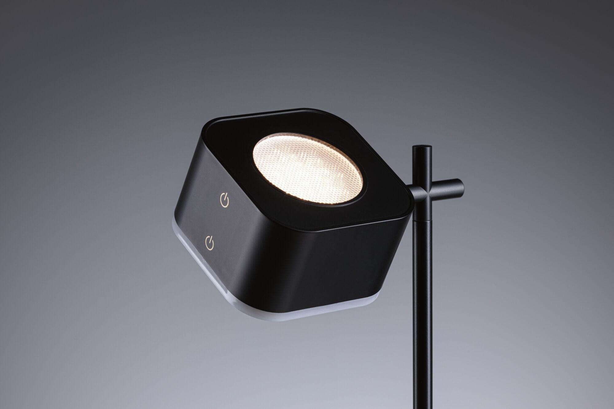 Black LED floor lamp with square head and touch controls for modern home lighting