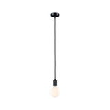Black pendant light with long cord and round frosted white bulb for modern interior lighting