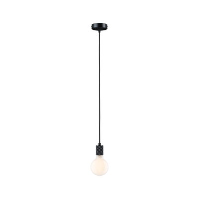 Black pendant light with long cord and round frosted white bulb for modern interior lighting