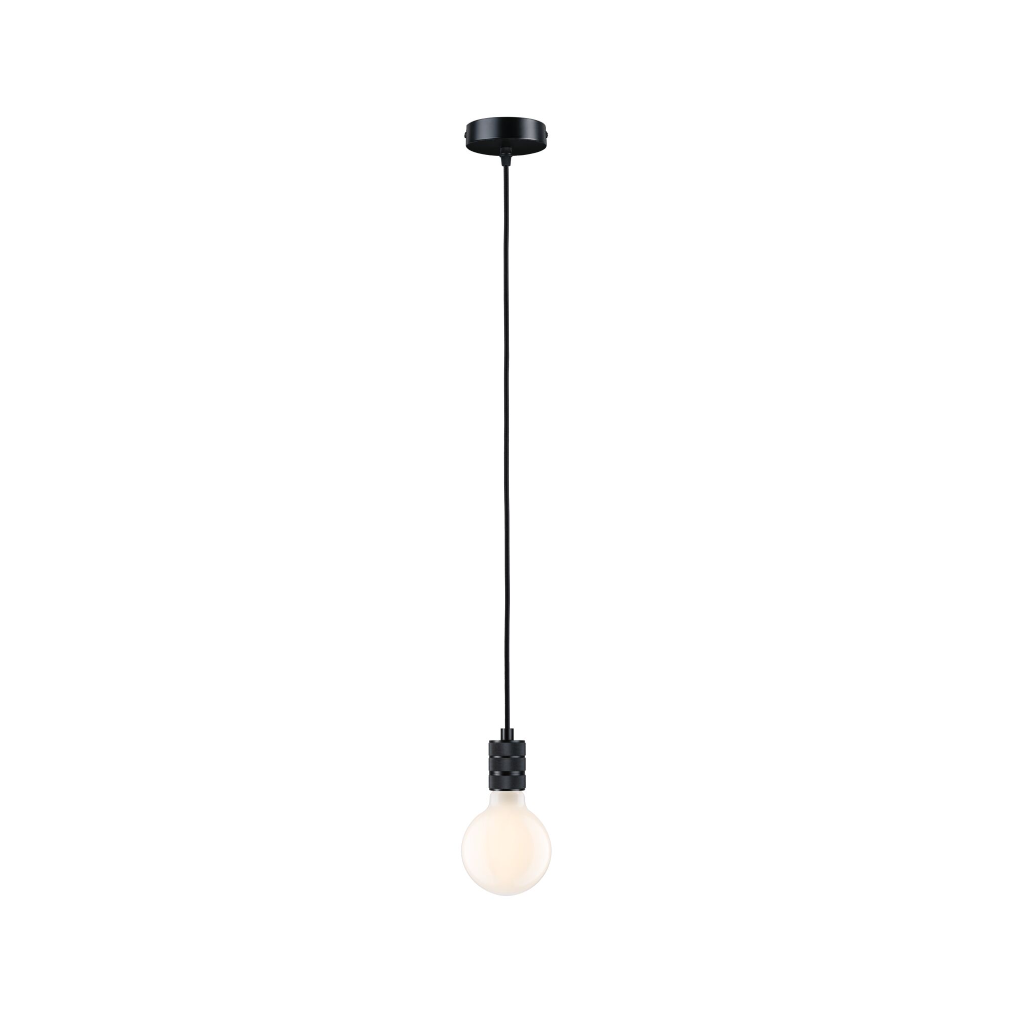 Zwarte hanglamp met lange kabel en ronde melkachtige witte lamp voor moderne binnenverlichting