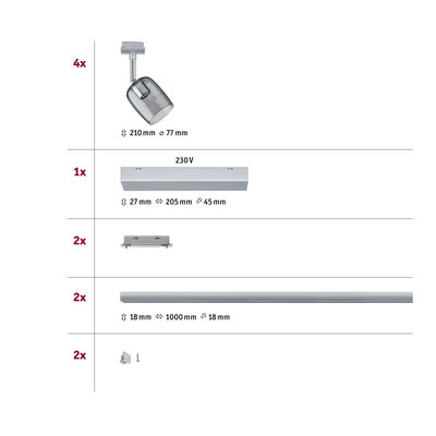 Technical drawing with dimensions of grey LED track spotlights and accessories for 230V track systems.