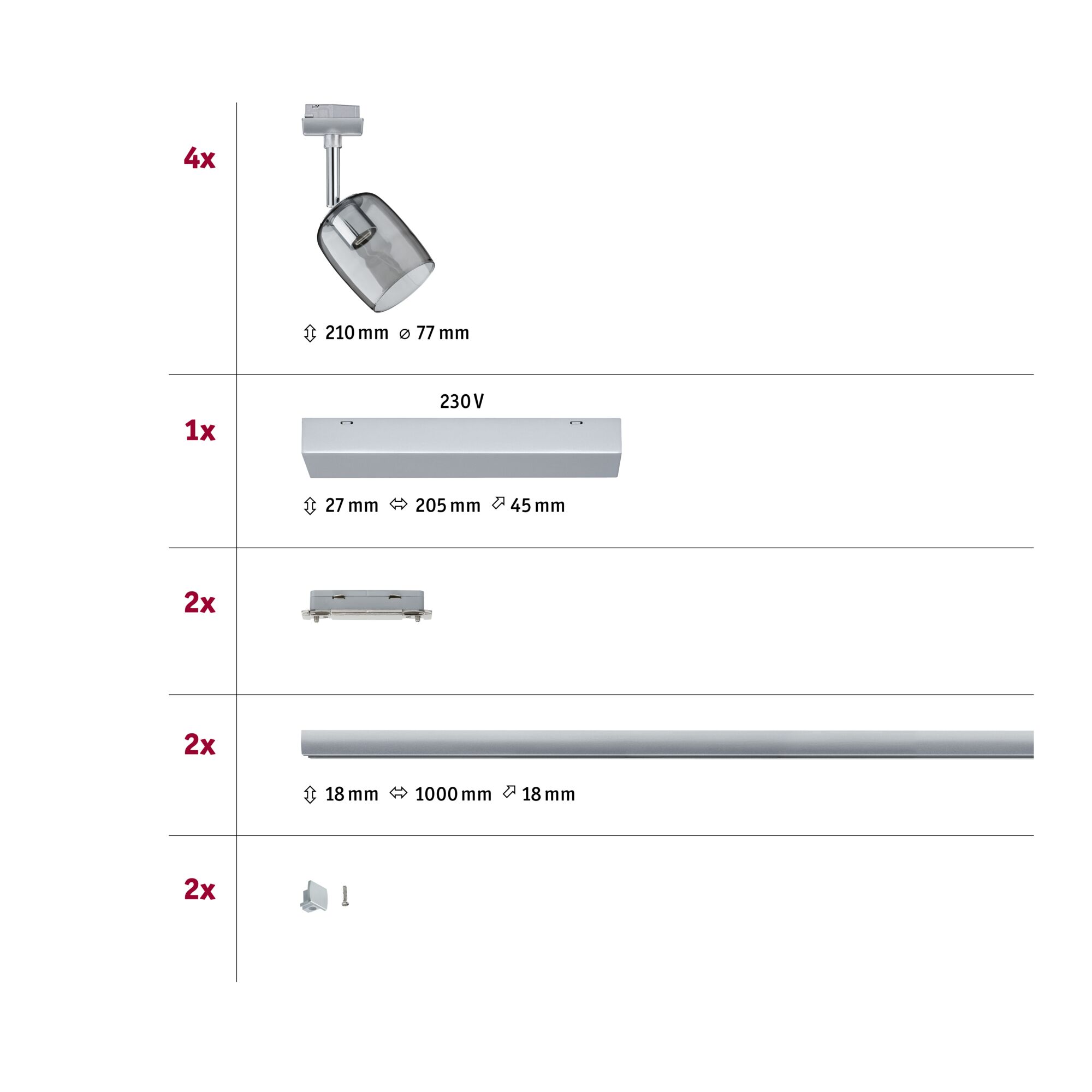 Quatre spots en verre gris avec support métallique, dimensions 210x77 mm pour éclairage LED moderne