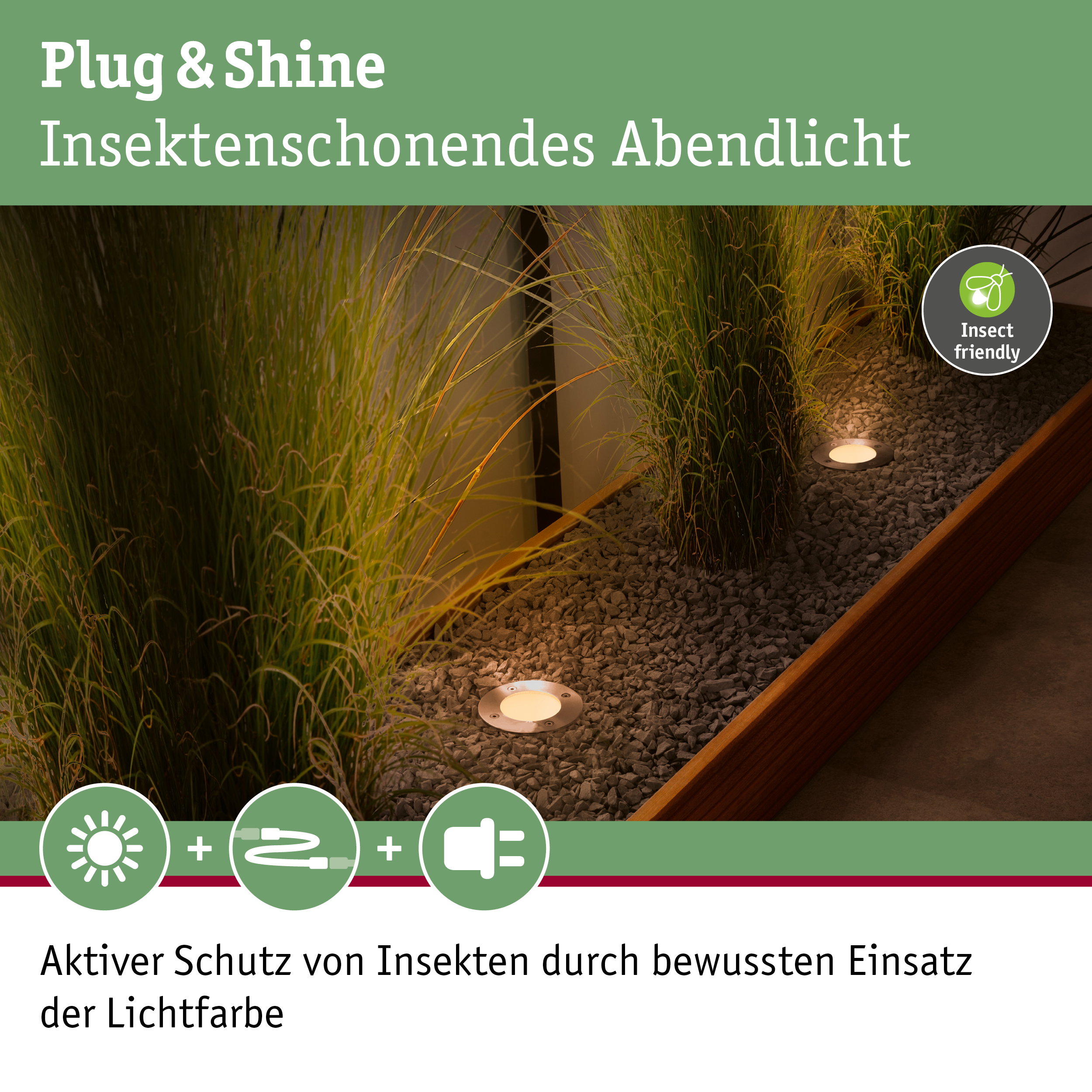 Plug & Shine LED-Einbauleuchte mit insektenfreundlichem warmweißem Licht im Kiesbeet