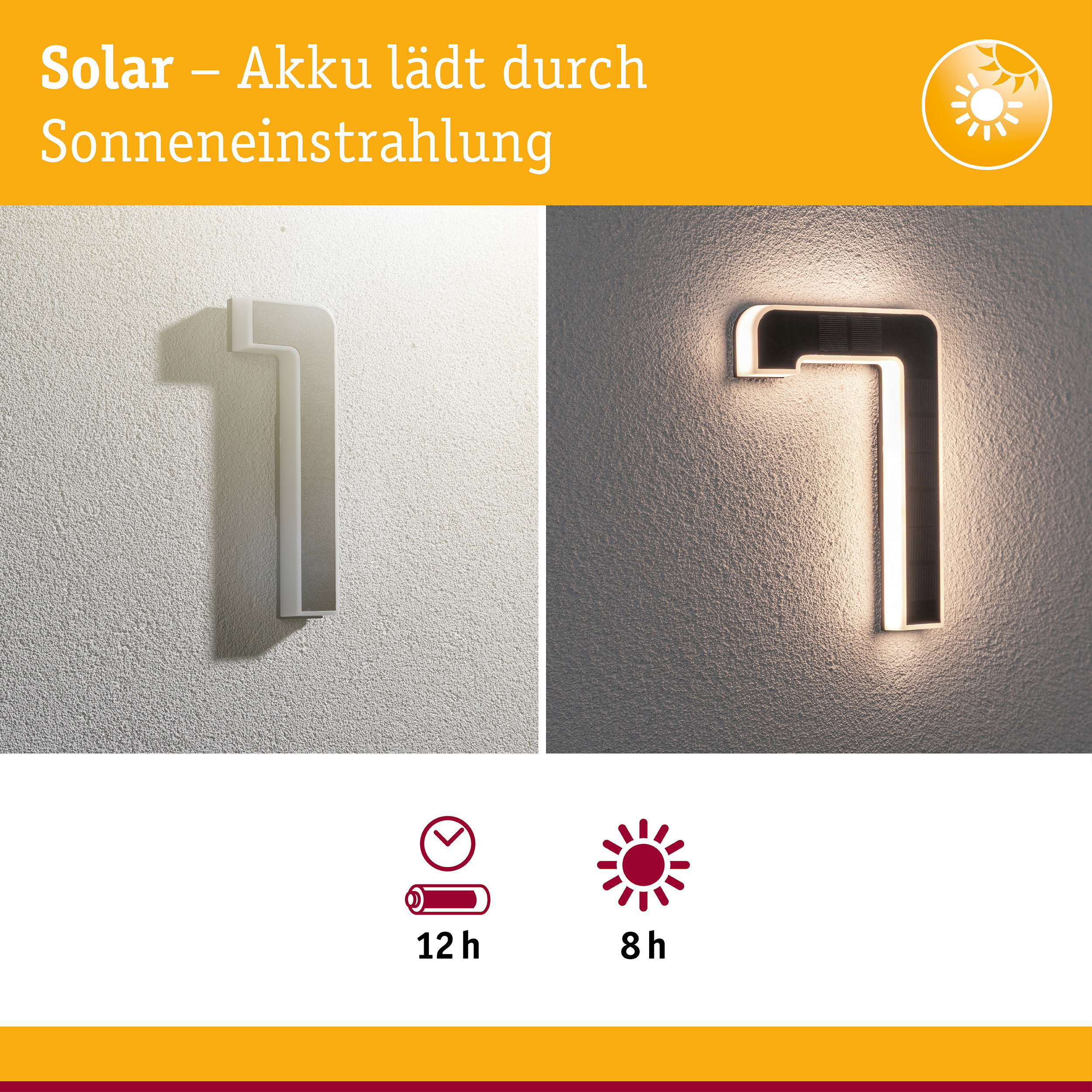 Solarbetriebene LED-Wandleuchte in Weiß mit energiesparender Beleuchtung und Akku-Laufzeit