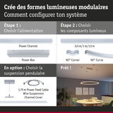 Système d'éclairage LED modulaire avec boîtier d'alimentation, angles, courbes et suspension blanche pour intérieur