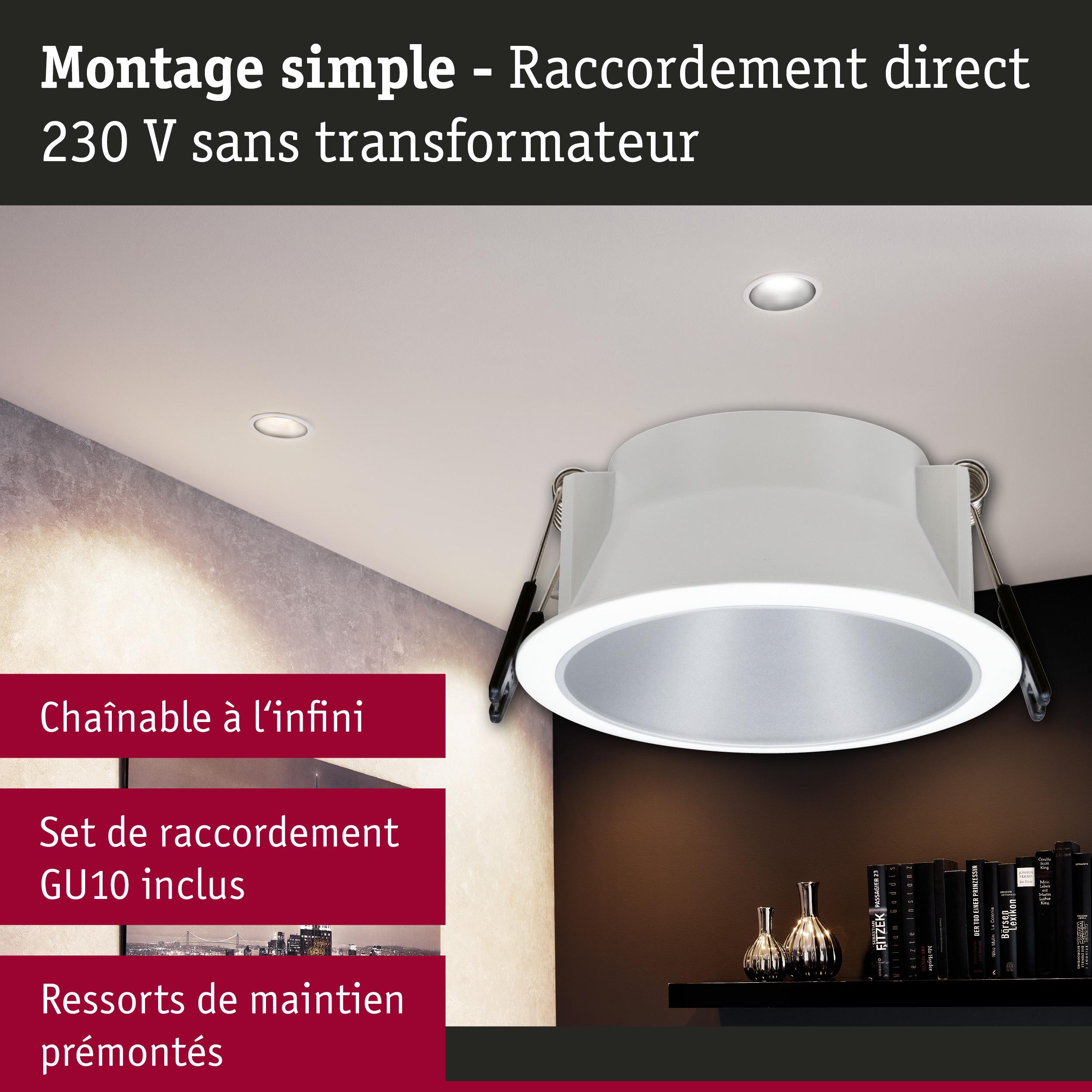 Spot encastré blanc avec raccord GU10 et ressorts prémontés pour montage direct 230V