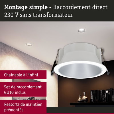 Spot encastré blanc avec raccord GU10 et ressorts prémontés pour montage direct 230V